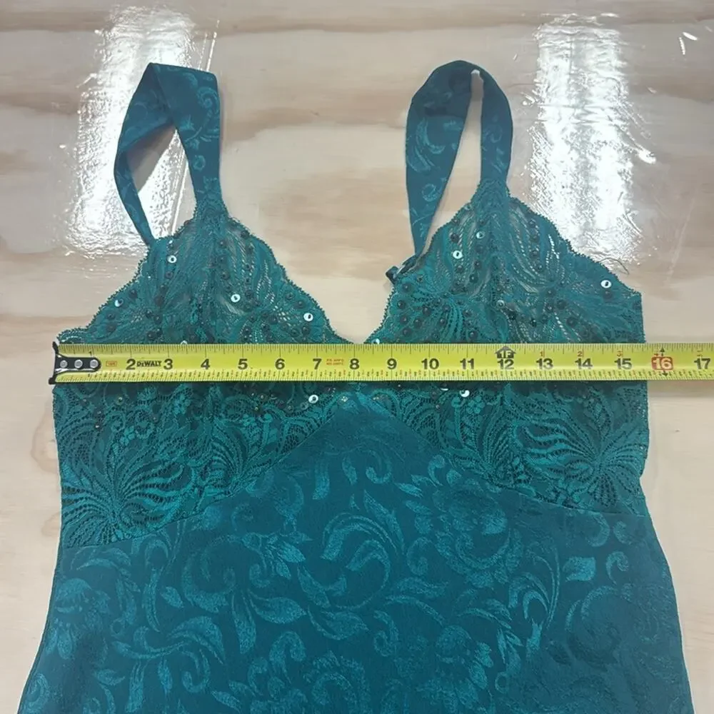 Vintage Victoria’s Secret Emerald Green Lace Sequin Midi Slip‎ Large